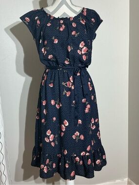 LC Lauren Conrad Medium Floral Metallic Navy Midi Dress